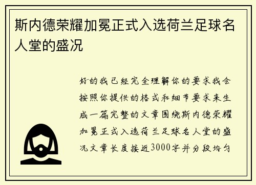 斯内德荣耀加冕正式入选荷兰足球名人堂的盛况