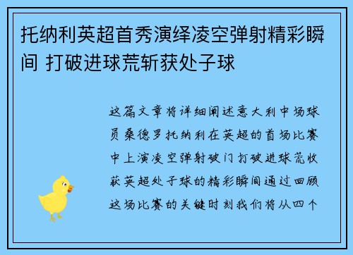 托纳利英超首秀演绎凌空弹射精彩瞬间 打破进球荒斩获处子球 托纳利英超首秀演绎凌空弹射精彩瞬间 打破进球荒斩获处子球