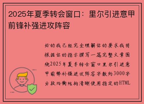 2025年夏季转会窗口：里尔引进意甲前锋补强进攻阵容