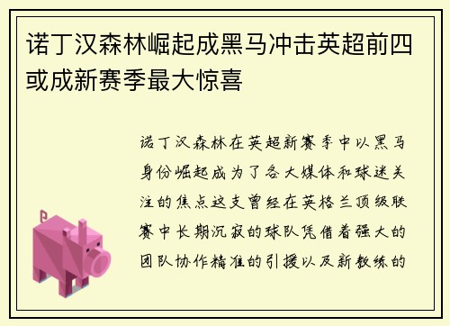 诺丁汉森林崛起成黑马冲击英超前四或成新赛季最大惊喜 诺丁汉森林崛起成黑马冲击英超前四或成新赛季最大惊喜